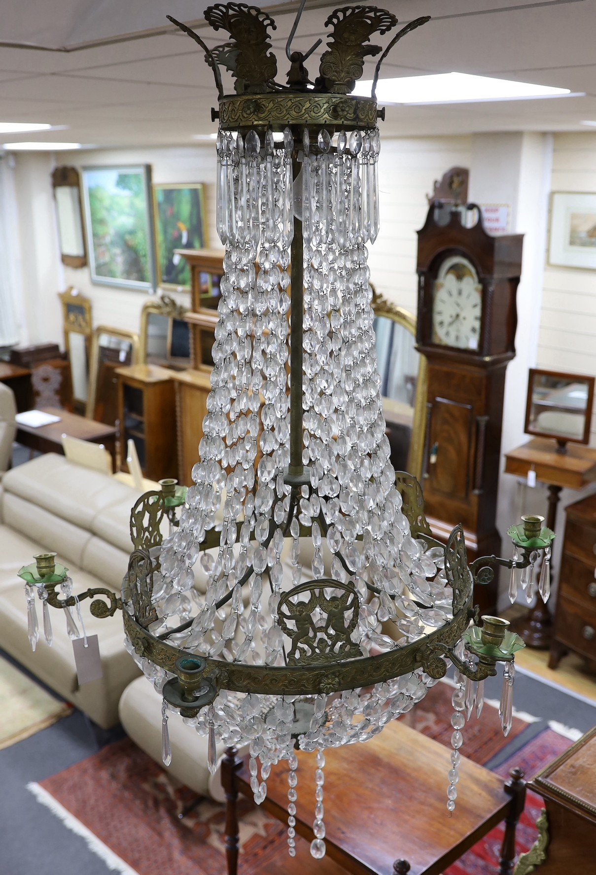 A bag chandelier with neo-classical arms